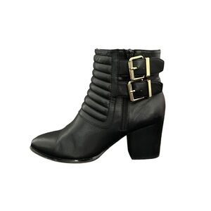 NEW 6.5 Saks Fifth Avenue Black Ankle Boots with Gold Buckles